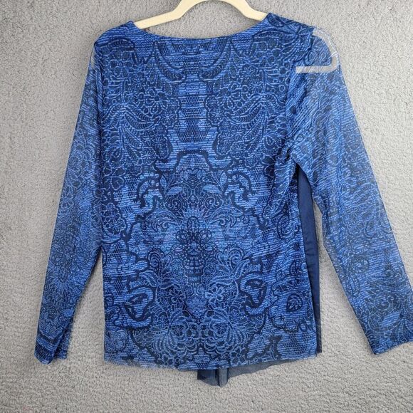 Chicos Blue Paisley Sheer Layered Tunic Top Size 0 Long Sleeve V Neck Flowy - Picture 12 of 13